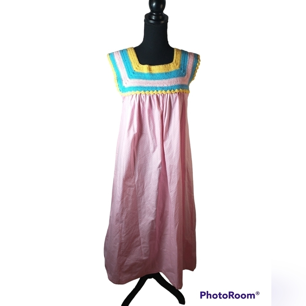 Handmade Crochet Square neck nightgown, polka dot, feminine, sz S-M